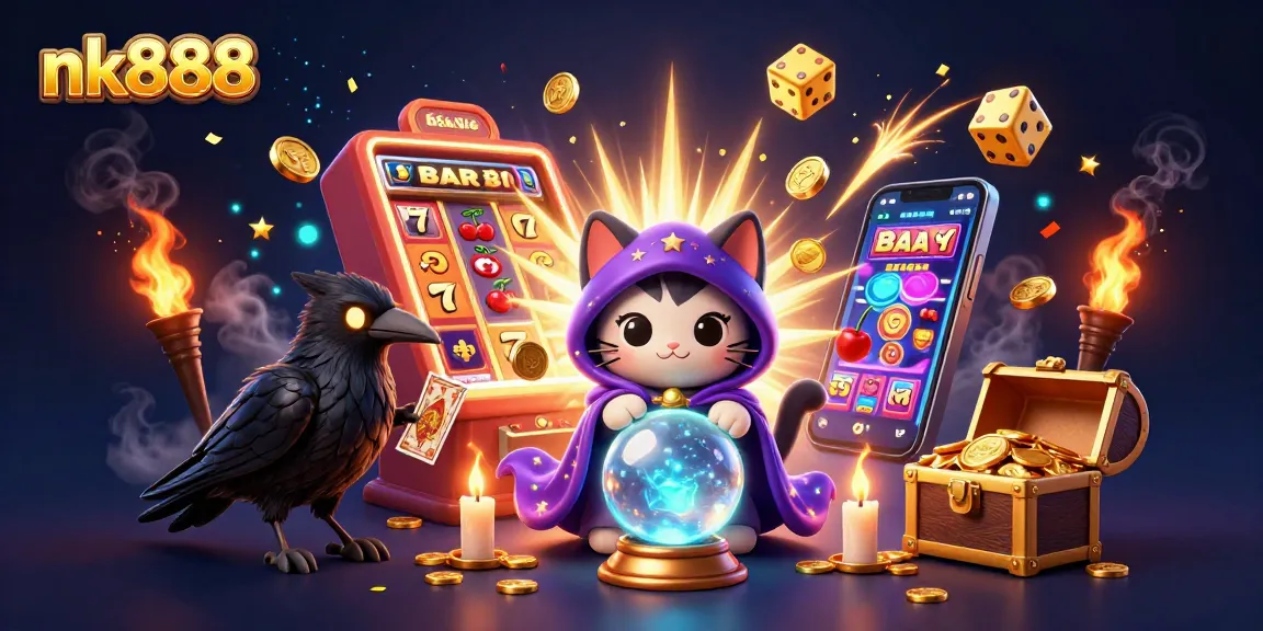 Play exciting slots with nk888 in a magical 3D casino scene featuring a mystic cat, glowing raven, and jackpot explosions.