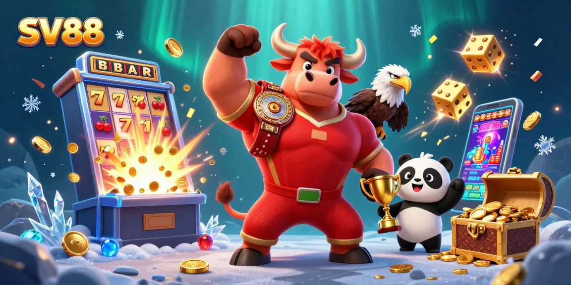 SV88 casino characters celebrate jackpot win with vibrant 3D elements and dynamic action.