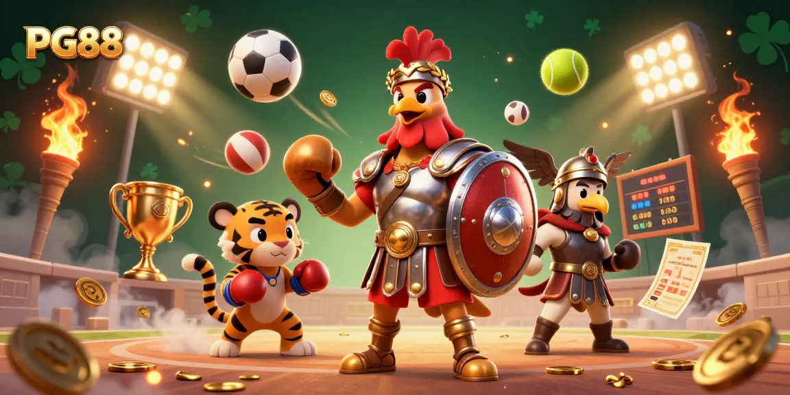 Engage with PG88's vibrant casino scene featuring a rooster gladiator amidst sports betting elements.