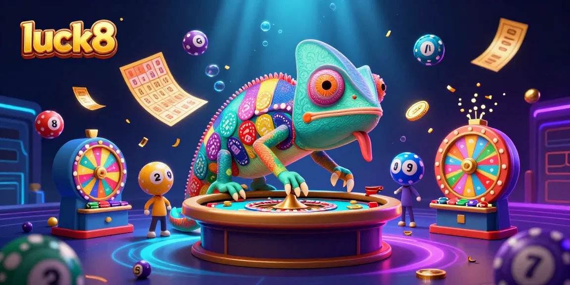 Engage with luck8 at a vibrant 3D casino scene featuring a colorful chameleon owner.