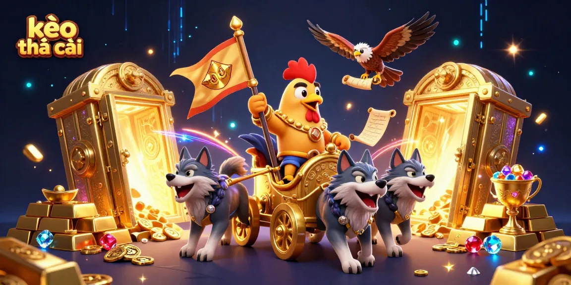 Engage with kèo nhà cái in a vibrant 3D scene showcasing a rooster warlord and golden treasures.