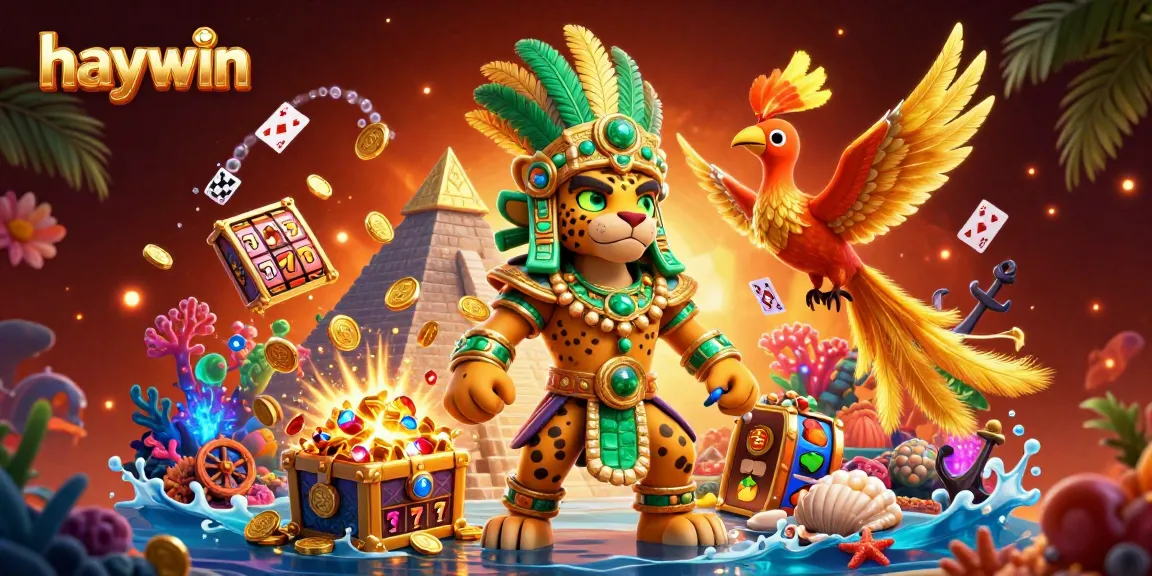 Experience excitement at Haywin with a 3D cartoon illustration of a jaguar priest and casino elements.