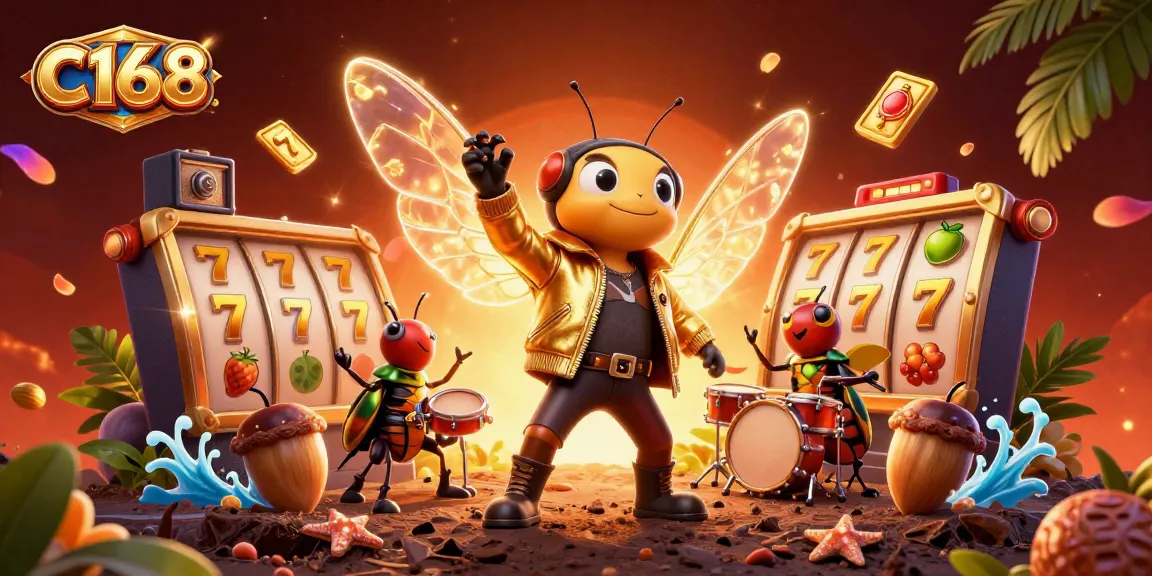 C168 offers thrilling casino action with vibrant slot reels spinning and unique characters in a lively atmosphere.
