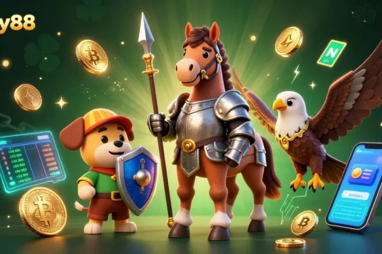 Experience thrilling games at lucky88 with a knight, squire, and falcon amidst glowing crypto coins.