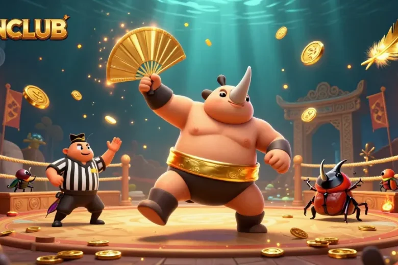 Engage in thrilling gameplay at MANCLUB with the mighty beetle champion stomping gold coins!