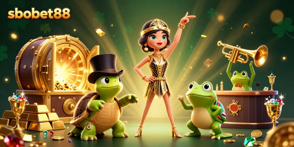 Engage with sbobet88's thrilling betting experience featuring dynamic characters amidst golden treasures and casino elements.