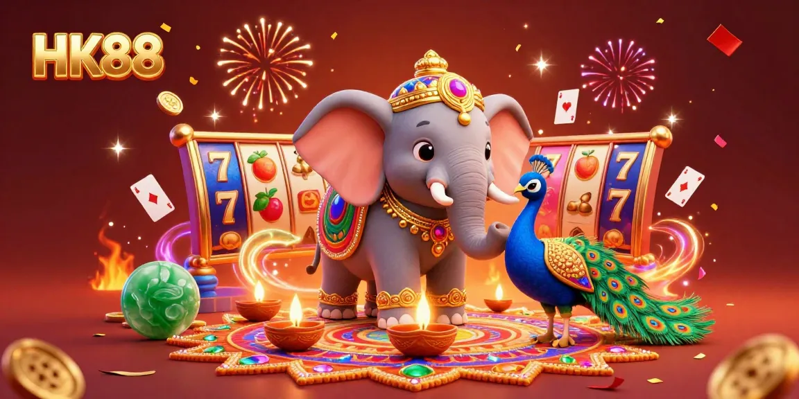 Experience the vibrant HK88 casino atmosphere with colorful characters, slot reels, and dynamic festive elements.