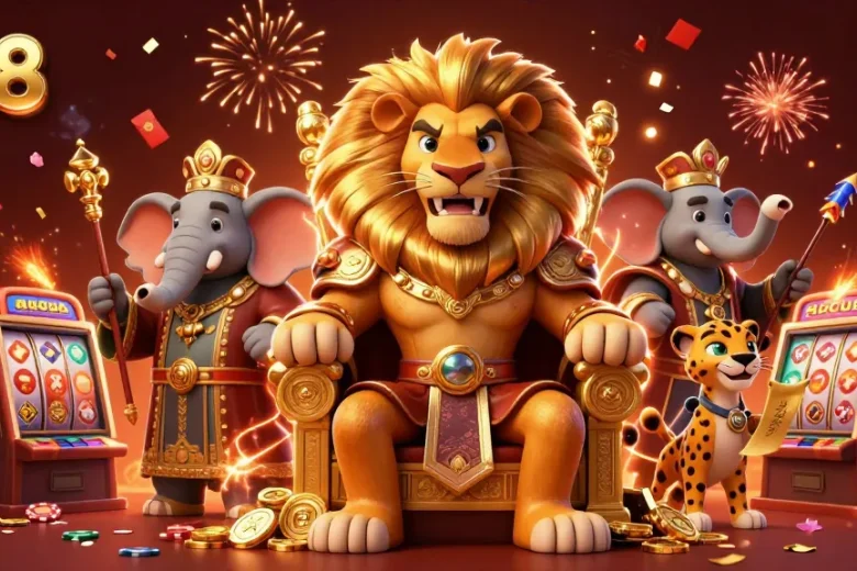 Experience the thrill of bk8's dynamic casino world with a lion king, elephant advisor, and cheetah messenger.