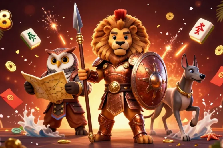 Experience thrilling action at bk8 with a vibrant 3D casino scene featuring a Spartan lion, owl strategist, and greyhound messenger.