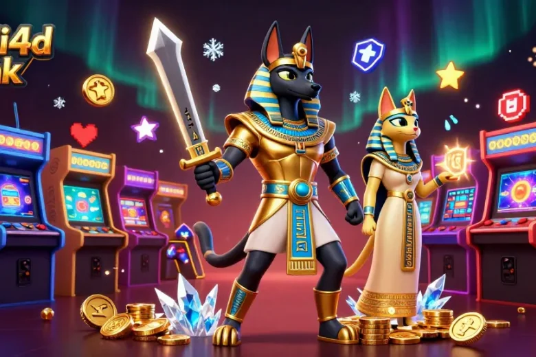 Engage with exciting games at budi4d link featuring Anubis and Bastet in a vibrant casino scene.