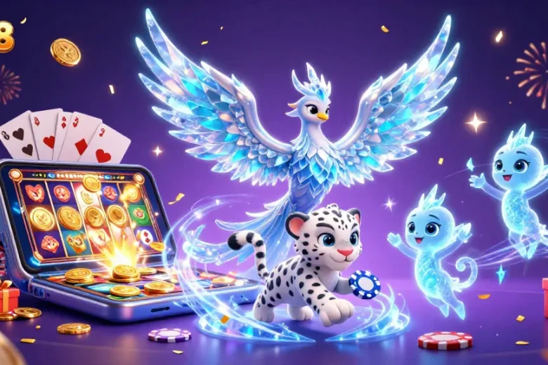Experience LU88's vibrant casino world with a magical ice phoenix and playful snow leopard.