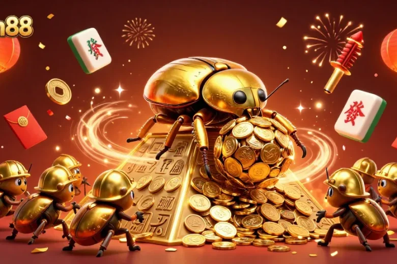 Experience the vibrant excitement of open88 with a golden dung beetle and casino symbols in a 3D celebration.