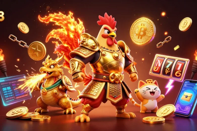 Experience excitement at Ku88 with a dynamic scene of a rooster warrior, dragon hatchling, and lucky cat in a vibrant casino.