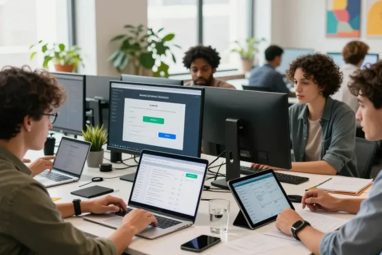 Collaborative team discussing online payment gateway features in a modern workspace.