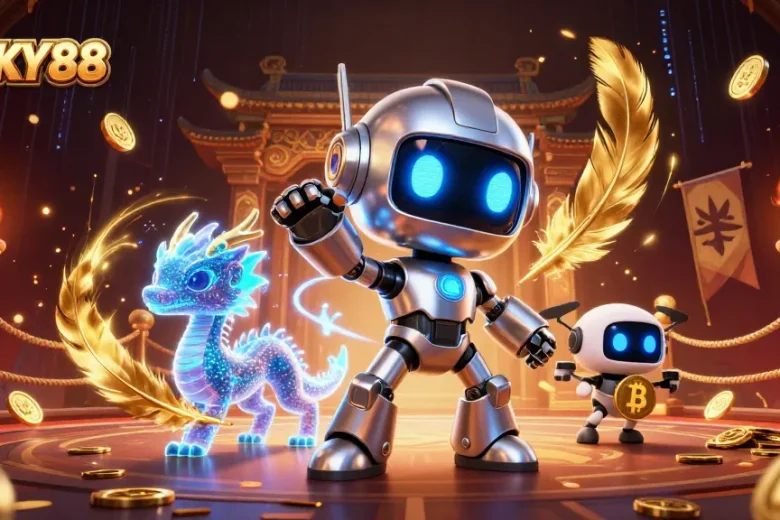 Engage with LUCKY88's vibrant casino environment featuring a robot mascot and digital elements.
