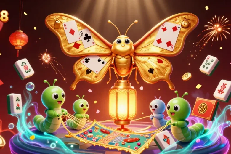 Engage with QH88's dynamic casino scenes featuring a 3D moth and golden treasures.