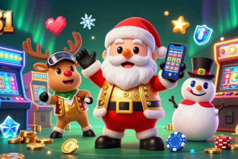 Experience the excitement of U31's jackpot slots with Santa, his reindeer dealer, and a poker chip snowman.
